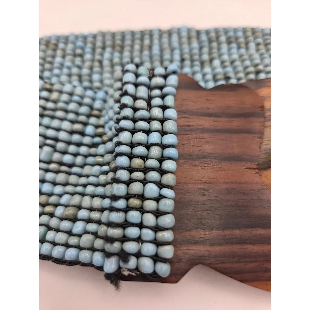 Stone Bead Wide Waist Belt Blue Hand Carved Wood‎ Interlocking Buckle Artisan